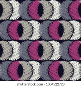 Seamless geometric pattern. The texture of the crescents. Embroidery on fabric. Scribble texture. Textile rapport.