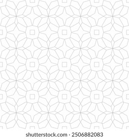 Seamless geometric pattern with thin lines of interlocking eight-pointed star shapes, punctuated by small squares. Suitable for graphic design, interior decoration, textile, print, etc.