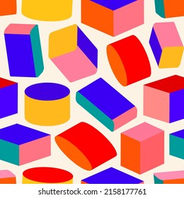 seamless geometric pattern of three-dimensional figures of retro colors, suitable for design, printing, fabric