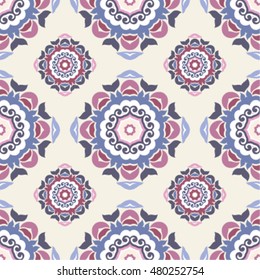 Seamless geometric pattern, TILE, shades of violet, beige and pink. Classic tile pattern with abstract circles, floral decorative design