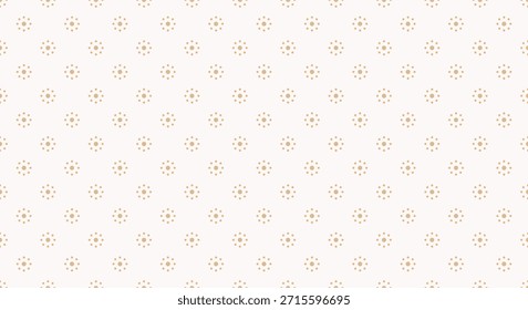 Nahtloses geometrisches Muster mit winzigen goldenen Rauten, die Sonnenformen auf Beige bilden.