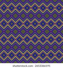 Padrão geométrico contínuo com motivos étnicos tradicionais. Apresentando losango entrelaçado e formas em ziguezague em azul, amarelo-verde e preto, com detalhes vermelhos. O design evoca um tecido ou bordado