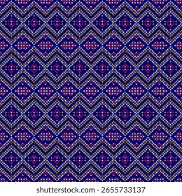 Seamless geometric pattern with traditional ethnic motifs. Featuring interlocking diamond and zigzag shapes in blue, yellow-green, and black, with red details. The design evokes a woven or embroidered