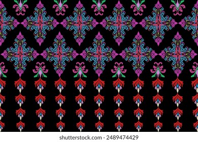 Seamless geometric pattern, traditional folk style. Black background, red flowers, blue. Illustration, vector