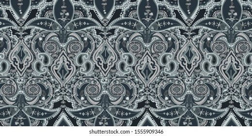 Seamless geometric pattern in traditional paisley style. Border made of complex traditional elements