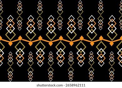 seamless geometric pattern, traditional geometric textile pattern on a black background. The design consists of symmetrical diamond shapes arranged vertically in repeating rows.