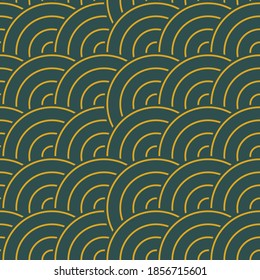 seamless geometric pattern in trending colors, Fortuna Gold, Tidewater Green. Vector illustration