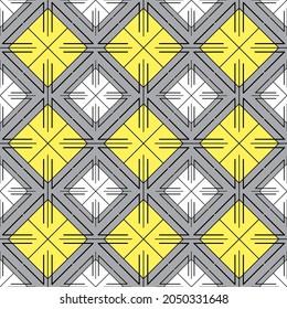 Seamless geometric pattern, trendy abstraction of yellow and white rhombuses, contour black elements. Great for decorating fabrics, textiles, gift wrapping, printed matter, interiors, advertising.