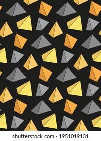 Seamless geometric pattern in trendy colors on dark background. Pyramids and triangles. Textures from simple volumetric shapes on black backdrop. Vector wallpaper and fabric