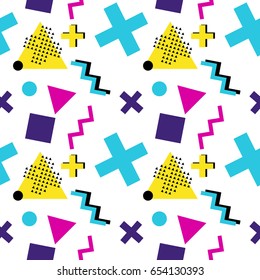 Seamless geometric pattern with triangle, cross, zigzag, rectangle and circle in 90's style