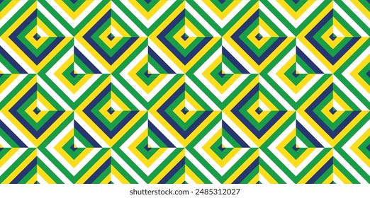 Seamless geometric pattern with triangles. Background pattern in blue, green, yellow color for Brazil Independence Day banner.  Op art geometric background with diagonal inclined lines pattern
