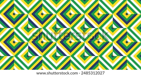 Seamless geometric pattern with triangles. Background pattern in blue, green, yellow color for Brazil Independence Day banner.  Op art geometric background with diagonal inclined lines pattern
