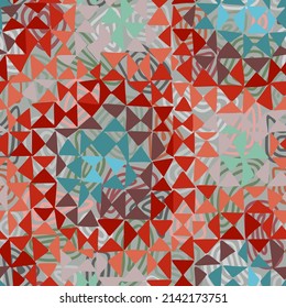 Seamless geometric pattern with triangles. Conceptual grid texture. Optic psychedelic repeat abstract swatch. Multicolor triangles with intricate texture overlay. Mosaic print. Low poly design.