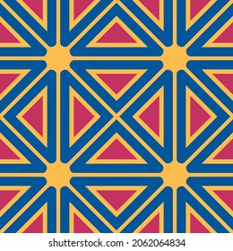 Seamless geometric pattern of triangles, cross and bright lines. Circle optical illusion. Modern vector illustration for web, textile, paper. Spring and summer colors, yellow, pink, blue. EPS 10.