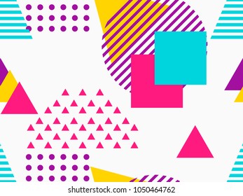 Seamless geometric pattern with triangles and dots on a white background. Memphis style. Vector illustration
