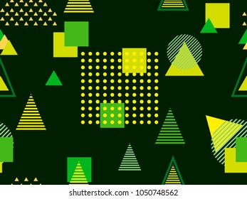 Seamless geometric pattern with triangles and dots on a white background. Memphis style. Green color. Vector illustration
