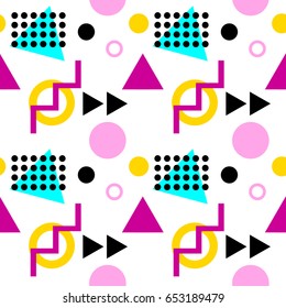 Seamless geometric pattern with triangles, dots, zigzags and circles