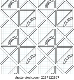 Seamless Geometric Pattern with Triangles, Drawn on Checkered Notebook. Endless Modern Mosaic Texture. Fabric Textile, Wrapping Paper, Wallpaper. Vector Contour Illustration. Coloring Book Page