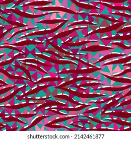 Seamless geometric pattern with triangles. Kaleidoscope style. Optic psychedelic repeat minimal swatch. Multicolor triangles with curved striped texture overlay. Mosaic print. Low poly design.