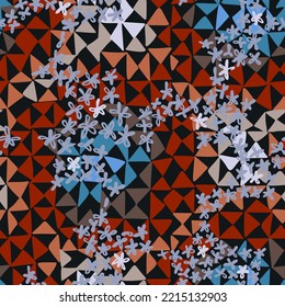 Seamless geometric pattern with triangles. Kaleidoscope style. Optic psychedelic repeat minimal swatch. Multicolor triangles with floral texture. Mosaic print. Fabric, textile, surface print design.