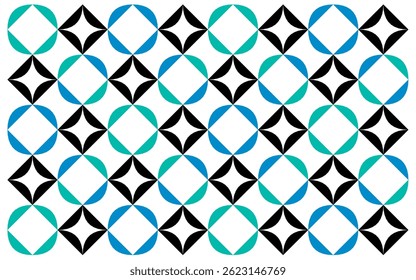 seamless geometric pattern with triangles. Modern Geometric Pattern,Alternating Rows of Teal and Blue Rounded Squares and Black Star Figures on a White Background. Abstract Geometric Design with Teal