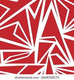 Seamless geometric pattern with triangles and other figures with sharp corners. Red and white background. For decorating your designs in abstract geometric style. For textile and interior patterns