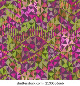 Seamless geometric pattern with triangles overlap on chevron zigzag texture. Kaleidoscope style. Optic psychedelic repeat minimal swatch. Multicolor triangular texture. Combined minimal mosaic prints.