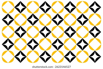 seamless geometric pattern with triangles. Repeating Pattern of Interlocking Black Star Shapes and Yellow Rounded Squares, isolated on white background