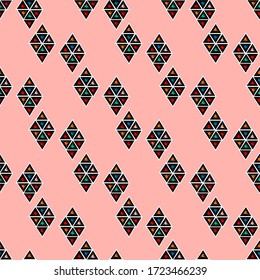 Seamless geometric pattern with triangles and rhombuses on a pink background for fabric and other surfaces