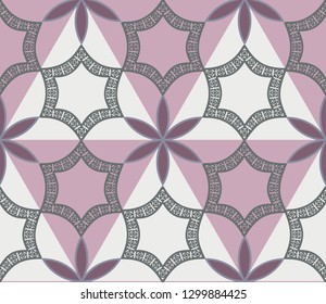 seamless geometric pattern with triangles and stylised flowers in pink, white and grey