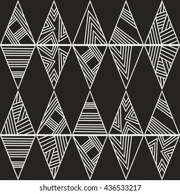 seamless geometric pattern with triangles of white lines on a black background. vector illustration