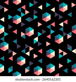 Seamless geometric pattern in triangular grid with limited 6 colors palette. Retro pink, yellow, blue and purple triangles and diamonds  on black background. Could be used as texture, wallpaper, print