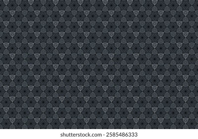 Seamless geometric pattern with triangular-based pyramid and six pointed star outline, black and light gray element on gray background. Vector illustration, for masculine shirt lady dress cloth textil