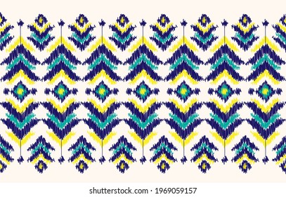 seamless geometric pattern. Tribal Art Ikat Ogee in traditional classic Yellow colors. based on ikat fabric style. Vector illustration.