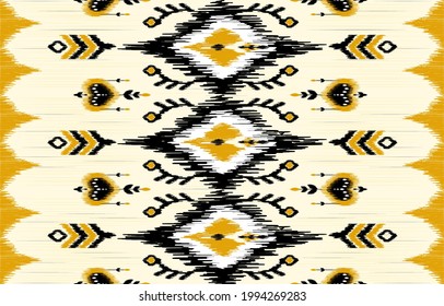 seamless geometric pattern. Tribal Art Ikat Ogee in traditional classic black and yellow colors. based on ikat fabric style. Vector illustration.