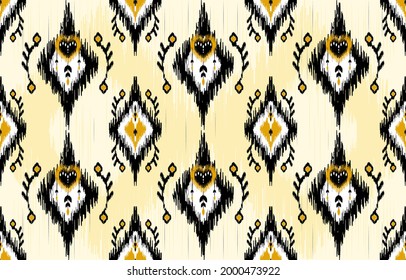 seamless geometric pattern. Tribal Art Ikat Ogee in traditional classic black and yellow colors. based on ikat fabric style. Vector illustration.