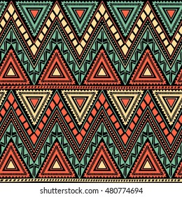 Seamless geometric pattern. Tribal and ethnic motifs. Horizontal stripes in the form of a zigzag. Black, orange, yellow and turquoise colors. Vector illustration. Drawing by hand.