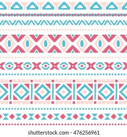 Seamless geometric pattern with tribal motifs. Ethnic ornament. Blue and pink elements on a white background. Vector illustration.