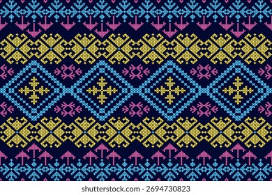 Patrón geométrico sin fisuras en estilo tribal. Diseño de píxeles en amarillo, azul y rosa sobre un fondo azul oscuro. Patrón textil nativo.