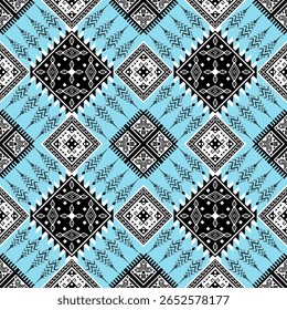A seamless geometric pattern with tribal-inspired black and white diamond shapes on a light blue background, featuring intricate zigzag and dot details.