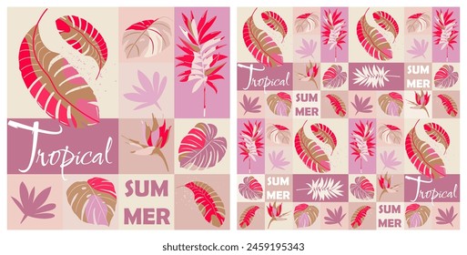 Seamless geometric pattern with tropical plants. Template postcard, poster, covers.