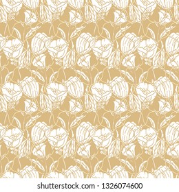 Seamless geometric pattern with tulips, poppies, lilies, leaves and ropes.