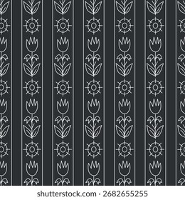 Padrão geométrico contínuo com tulipas. Imprimir para têxteis, tecido, capas, papéis de parede, imprimir, embrulho para presente, decoupage, scrapbooking, quilting. Para tecido de moda. Estilização retrô.