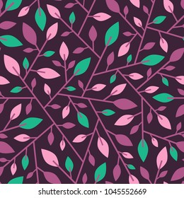 Seamless geometric pattern of twigs with leaves.Vector texture