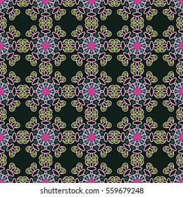 seamless geometric pattern, unusual flowers on green background, vector illustration