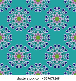seamless geometric pattern, unusual flowers on turquoise background 