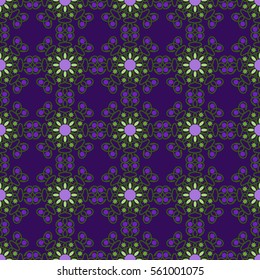seamless geometric pattern, unusual flowers on purple background, vector illustration