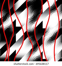 Seamless geometric pattern. Unusual Hounds-tooth pattern with red wavy lines.