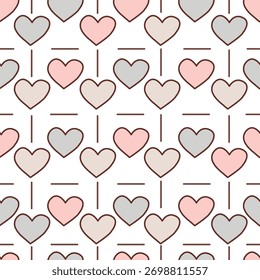 Seamless geometric pattern for Valentine's Day with hearts and simple lines.