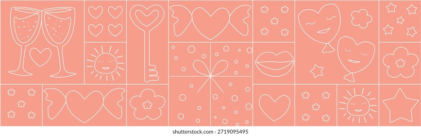 Padrão geométrico perfeito para o Dia dos Namorados em estilo minimalista. Desenho de linha, fundo de mosaico. Plano de fundo de impressão abstrato com formas simples.